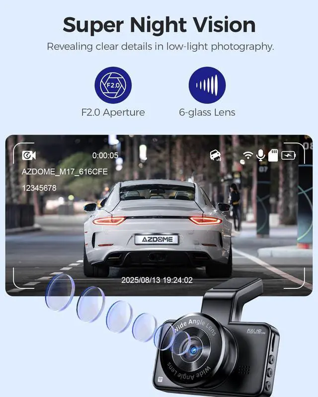 Alt view image 7 of 7 - Front WiFi Dash Cam 1296P HD with 3" LCD Screen, Dashboard Camera with 150° Wide Angle, Night Vision, ADAS, G-Sensor, Loop Recording, 24/7 Parking Mode, Supports 128GB SD Card (M17)