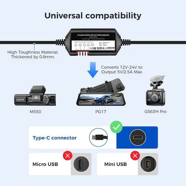 Alt view image 3 of 7 - 3-Lead Acc Hardwire Kit Type-C USB Port for M550 M01Pro PG17 GS63HPro DashCam, 12ft with Fuse Kit, Dash Camera Convert 12V-24V to Output 5V/2.5A Max, 24H Parking Mode, Low Voltage Protection