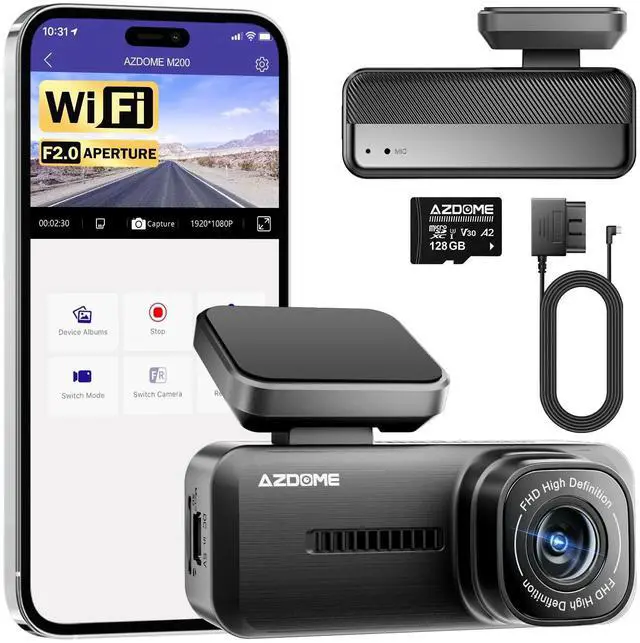 Main image of M200 Dash Cam with 128GB SD Card and Mini USB OBD Hardwire Kit OBD02