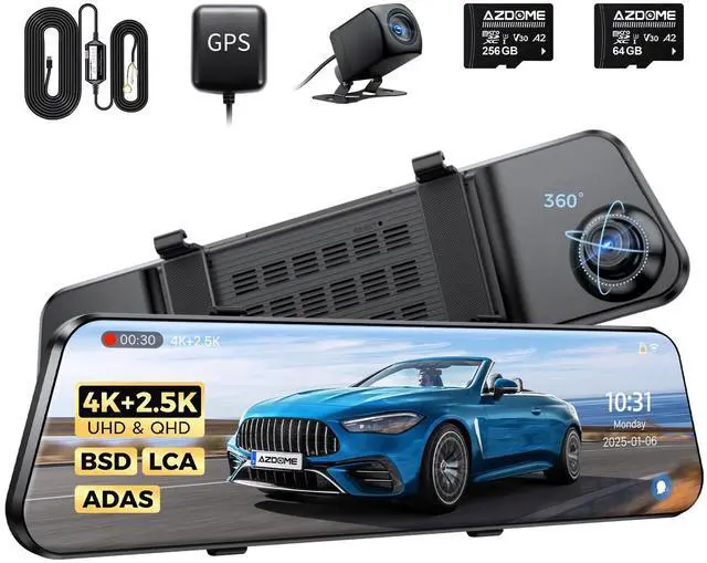 Main image of PG17 Max Mirror Dash Cam with 256GB TF Card and 3-Lead Type-C USB Hardwire Kit (JYX05)