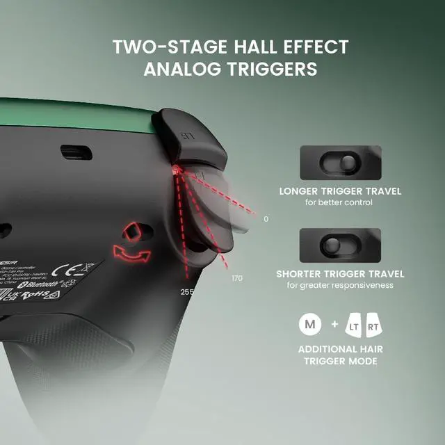 Alt view image 4 of 7 - Super Nova Wireless Gaming Controller for PC/Switch/iOS/Android, Hall Effect Stick & Trigger, RGB Lighting, Swappable ABXY, Detachable Faceplate, 1000mAh with Charging Dock - Green