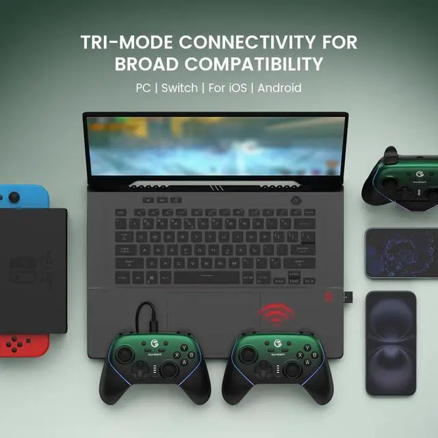 Alt view image 2 of 7 - Super Nova Wireless Gaming Controller for PC/Switch/iOS/Android, Hall Effect Stick & Trigger, RGB Lighting, Swappable ABXY, Detachable Faceplate, 1000mAh with Charging Dock - Green