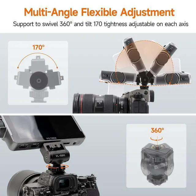 Alt view image 4 of 6 - Adjustable Gimbal Monitor Cold Shoe Adapter, Metal Field Monitor Mount Holder, 360 Degree Swivel and Tilt Adjustable Monitor Mount Bracket with Cold Shoe Mount, Locating Pin Design Cold Hot Adapter