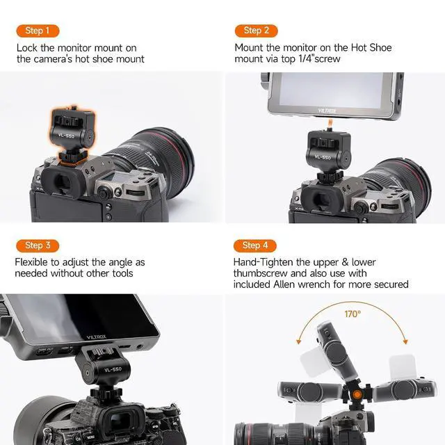 Alt view image 5 of 6 - Adjustable Gimbal Monitor Cold Shoe Adapter, Metal Field Monitor Mount Holder, 360 Degree Swivel and Tilt Adjustable Monitor Mount Bracket with Cold Shoe Mount, Locating Pin Design Cold Hot Adapter