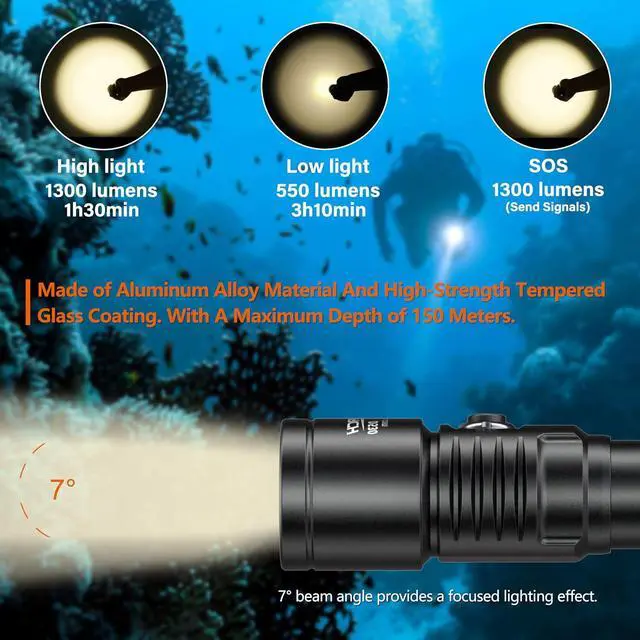 Alt view image 2 of 7 - D530 Scuba Dive Light 1300 Lumens, Titanium Alloy Diving Flashlight with Waterproof IP68, Diving Flashlight 3 Lighting Modes for Underwater 150m Diving (5000K Warm White Light