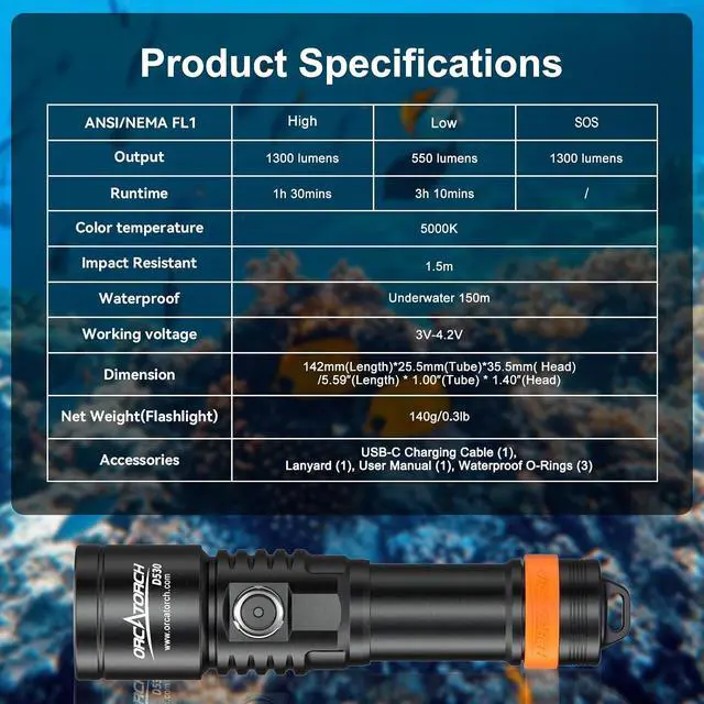 Alt view image 7 of 7 - D530 Scuba Dive Light 1300 Lumens, Titanium Alloy Diving Flashlight with Waterproof IP68, Diving Flashlight 3 Lighting Modes for Underwater 150m Diving (5000K Warm White Light