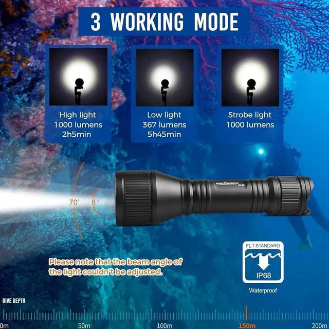 Alt view image 5 of 7 - D550 Dive Light 1000 Lumens Scuba Diving Flashlight 3 Modes IP68 Waterproof Underwater Lights Night Dive Submarine Torch with Wrist Mount for Outdoor Exploration Under Water Sports