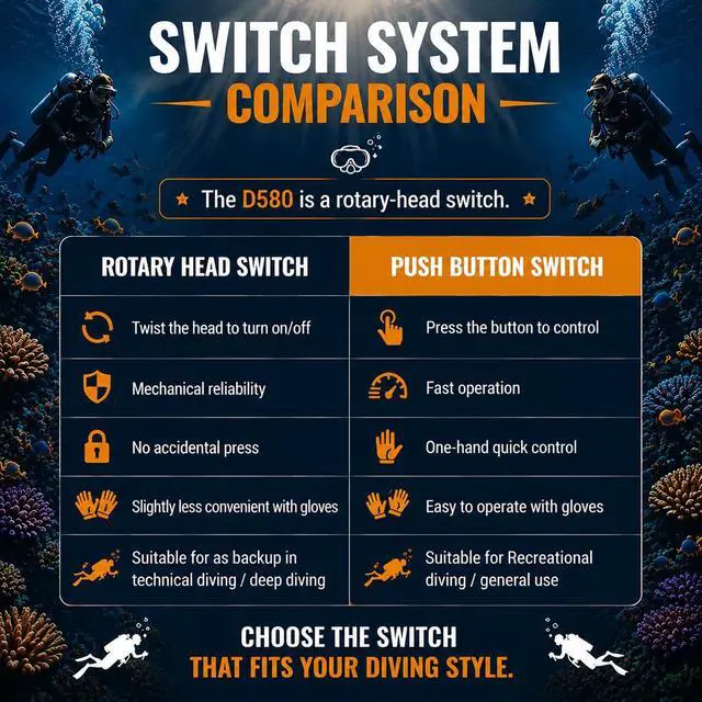 Alt view image 6 of 7 - D580 Scuba Dive Light, Max 530 Lumens Underwater Flashlight with 6 Degrees Narrow Beam, IP68 Waterproof Twist Switch Night Dive Torch, 3 AAA Batteries Included
