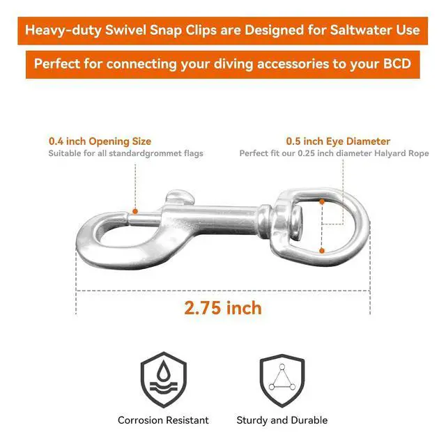 Alt view image 2 of 7 - Swivel Eye Snap Hook Stainless Steel Bolt Snap Corrosion-Resistant Marine Clips for Underwater Scuba Diving, Dog Leash, Key Chain, Camera Strap, Clothesline (Three Optional Size)