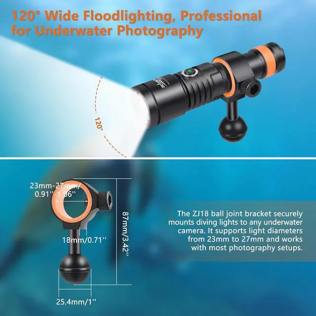 Alt view image 7 of 7 - D530V 1200 Lumens Underwater Video Light, 120° Super Wide Beam Dive Flashlight, 2 Modes with ZJ18 Ball Joint, IP68 Waterproof (150m) for Scuba Diving Photography/Videography