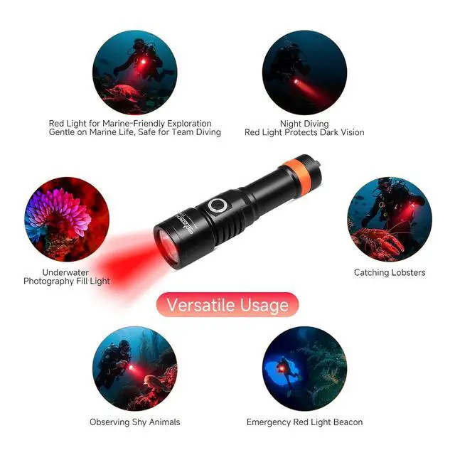 Alt view image 3 of 7 - D530V Red LED Dive Light 160 Lumen Scuba Diving Video Light 120 Degrees Wide Beam Angle, Underwater 150 Meters Diving Photography Light with Safety Lock Function and Battery Power Indicator