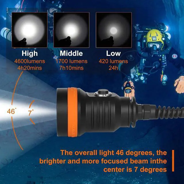 Alt view image 4 of 7 - D630 V2.0 4600 Lumen 5 Imported LED Primary Canister Dive Light with 7° Super Focus Beam, Straight/Side Mounted and Backmount Technical Diving Flashlight, for Cave Wreck Night Diving