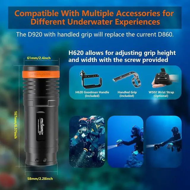 Alt view image 3 of 7 - D920 5000 Lumens Handheld Cordless Dive Light 9° Focused Beam 4 Modes with Magnetic Charging, 150m Waterproof Flashlight with Battery Indicator for Wreck/Night/Cave Diving