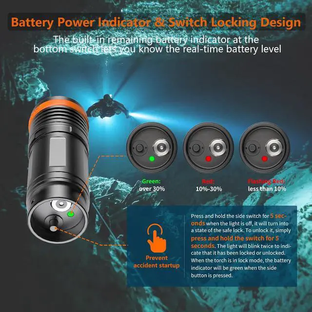 Alt view image 4 of 7 - D920 5000 Lumens Handheld Cordless Dive Light 9° Focused Beam 4 Modes with Magnetic Charging, 150m Waterproof Flashlight with Battery Indicator for Wreck/Night/Cave Diving