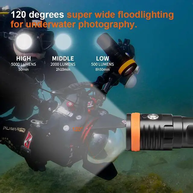 Alt view image 2 of 7 - D910V Scuba Diving Video Light, Max 5000 Lumens Underwater Flashlight with 120 Degree Wide Angle Beam, Underwater 150 Meters Diving Photography Light with Titanium Alloy Switch