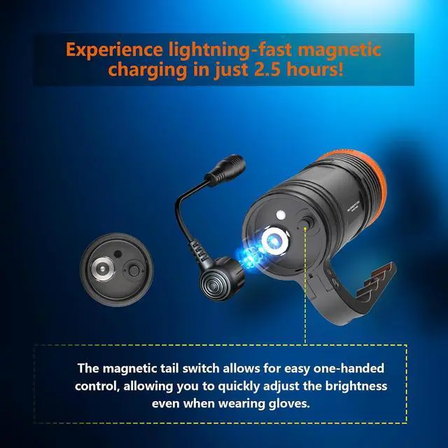 Alt view image 5 of 7 - D920 5000 Lumens Handheld Cordless Dive Light 9° Focused Beam 4 Modes with Magnetic Charging, 150m Waterproof Flashlight with Battery Indicator for Wreck/Night/Cave Diving