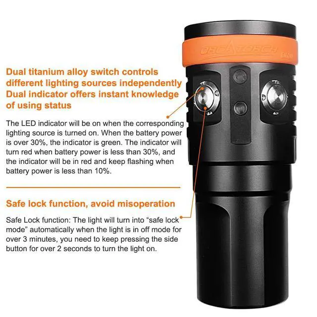 Alt view image 4 of 7 - D900V Underwater Video Dive Light - 2200 Lumens with 4 Colors, Red, UV, Neutral White 120° Flood Beam & Cool White 8° Spot Beam, Dual Titanium Alloy Switch, Battery Indicator for Photography