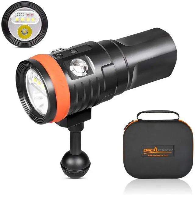 Main image of D900V Underwater Video Dive Light - 2200 Lumens with 4 Colors, Red, UV, Neutral White 120° Flood Beam & Cool White 8° Spot Beam, Dual Titanium Alloy Switch, Battery Indicator for Photography