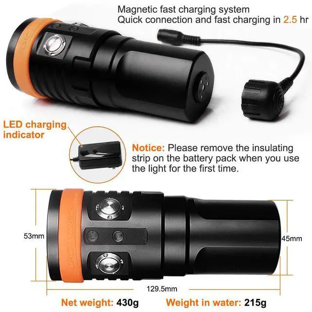 Alt view image 5 of 7 - D900V Underwater Video Dive Light - 2200 Lumens with 4 Colors, Red, UV, Neutral White 120° Flood Beam & Cool White 8° Spot Beam, Dual Titanium Alloy Switch, Battery Indicator for Photography