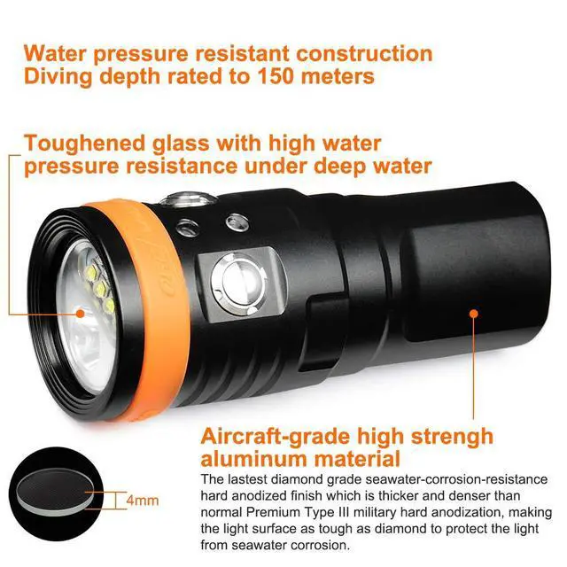 Alt view image 6 of 7 - D900V Underwater Video Dive Light - 2200 Lumens with 4 Colors, Red, UV, Neutral White 120° Flood Beam & Cool White 8° Spot Beam, Dual Titanium Alloy Switch, Battery Indicator for Photography