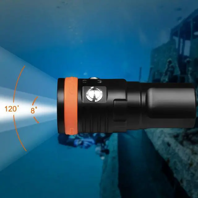 Alt view image 3 of 7 - D900V Underwater Video Dive Light - 2200 Lumens with 4 Colors, Red, UV, Neutral White 120° Flood Beam & Cool White 8° Spot Beam, Dual Titanium Alloy Switch, Battery Indicator for Photography