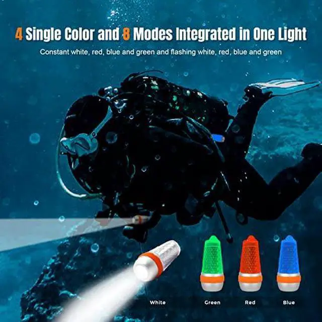 Alt view image 6 of 7 - Diving Flashlight Glove Hands-Free Universal Adjustable Wrist Strap SD03 Dive Beacon 4-Color-in-1 (Blue, Red, White, Green) and 8 Modes Light Kit Bundle