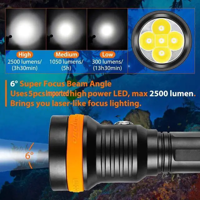 Alt view image 2 of 7 - D850 2500 Lumen Primary Dive Light, 6 Degrees Narrow Beam Technical Underwater Flashlight 5 Imported LED Super Bright Recreational Diving Torch with Battery Indicator, for Under Water Sport