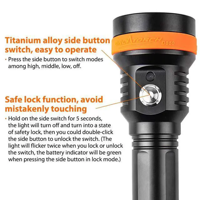 Alt view image 3 of 7 - D850 2500 Lumen Primary Dive Light, 6 Degrees Narrow Beam Technical Underwater Flashlight 5 Imported LED Super Bright Recreational Diving Torch with Battery Indicator, for Under Water Sport