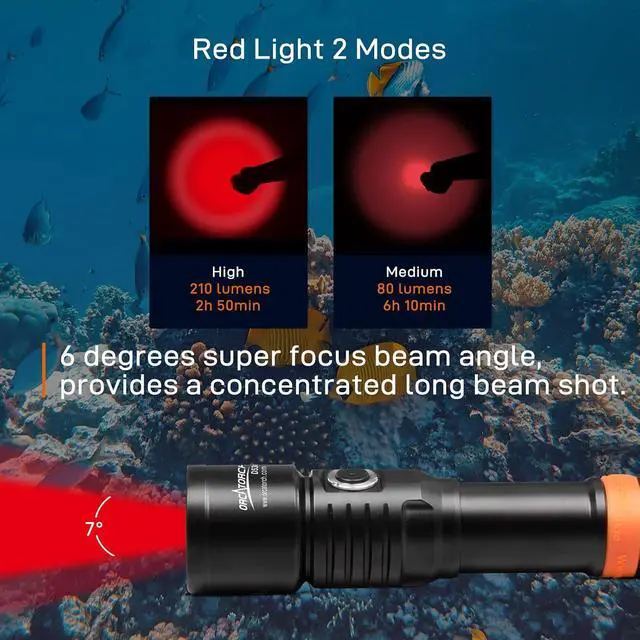 Alt view image 2 of 7 - D530 Red LED Dive Light 6 Degrees Narrow Beam Angle & SD03 Dive Beacon 4-Color-in-1 8 Modes Diving Signal Light with Constant Light or Flashing Mode LED Marker Light Bundle