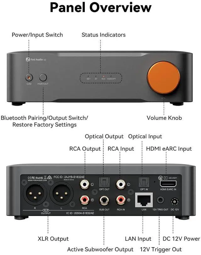 Alt view image 6 of 7 - S3 HiFi Music Streamer DAC Preamp, AK4493SEQ DAC Wi-Fi 6 Bluetooth 5.3, Digital Transport with XLR Balanced/Optical/Sub Out/HDMI eARC, AirPlay 2 Spotify Connect Tidal, 5-Band EQ