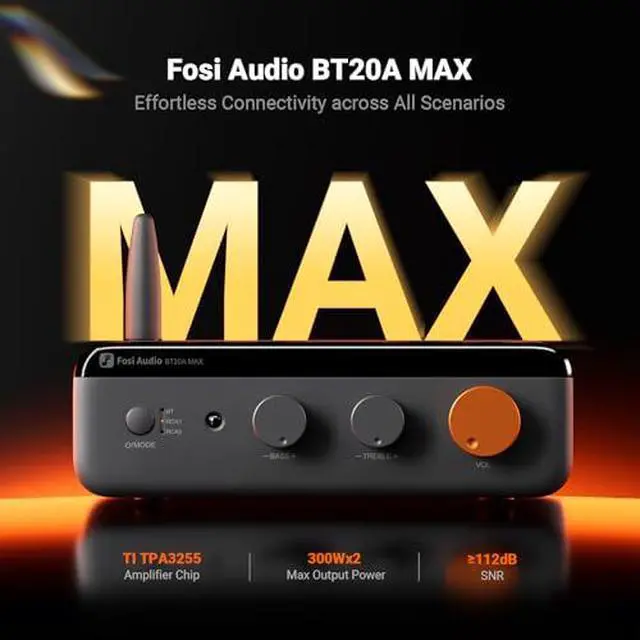 Alt view image 2 of 7 - BT20A MAX Stereo Power Amplifier, 300W x 2 Hi-Fi Audio Amp with PFFB Technology, LDAC Bluetooth 6.0 + Fosi Audio K7 DAC Headphone Amp, Desktop USB C Digital to Analog Audio Converter for Wo