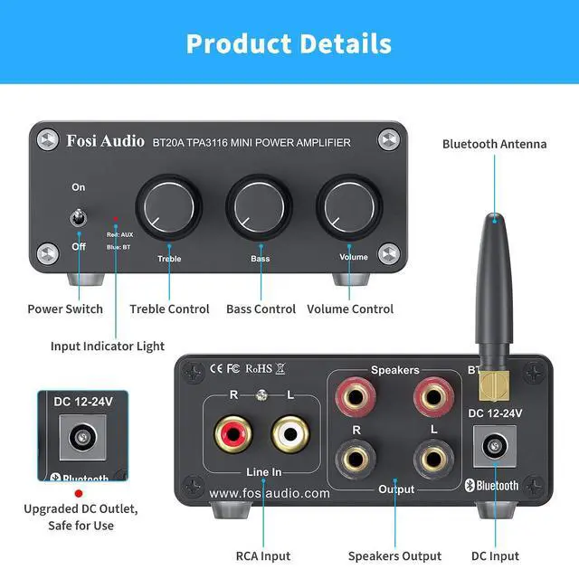 Alt view image 3 of 7 - BT20A Bluetooth Stereo Amplifier, 2 Channel Home Audio Component Amplifiers for Passive Speakers+Fosi Audio BT20A MAX Stereo Power Amplifier, 300W x 2 Hi-Fi Audio Amp with PFFB Technology