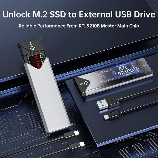 Alt view image 2 of 7 - M.2 NVME SATA SSD Enclosure, Improved RTL9210B Chip USB 3.2 Gen 2 10Gbps to PCI-E NGFF Adapter, M-Key/B+M Key External SSD Enclosure Aluminum Support UASP Trim 2242/2260/2280