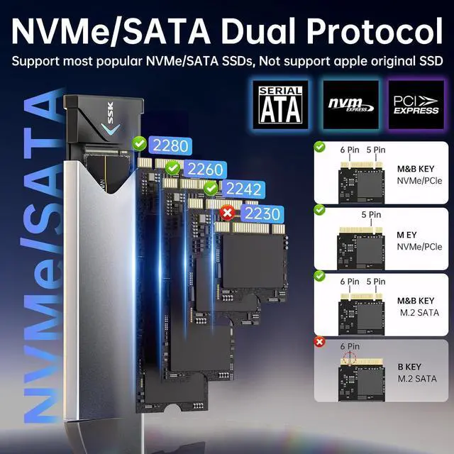 Alt view image 3 of 7 - M.2 NVME SATA SSD Enclosure, Improved RTL9210B Chip USB 3.2 Gen 2 10Gbps to PCI-E NGFF Adapter, M-Key/B+M Key External SSD Enclosure Aluminum Support UASP Trim 2242/2260/2280