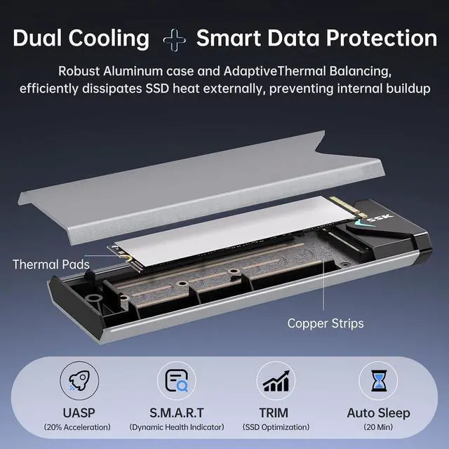 Alt view image 5 of 7 - M.2 NVME SATA SSD Enclosure, Improved RTL9210B Chip USB 3.2 Gen 2 10Gbps to PCI-E NGFF Adapter, M-Key/B+M Key External SSD Enclosure Aluminum Support UASP Trim 2242/2260/2280