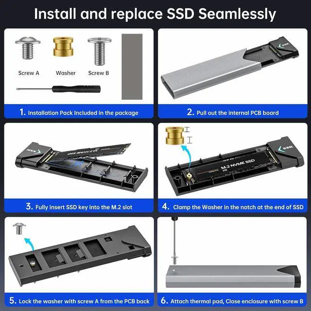 Alt view image 7 of 7 - M.2 NVME SATA SSD Enclosure, Improved RTL9210B Chip USB 3.2 Gen 2 10Gbps to PCI-E NGFF Adapter, M-Key/B+M Key External SSD Enclosure Aluminum Support UASP Trim 2242/2260/2280