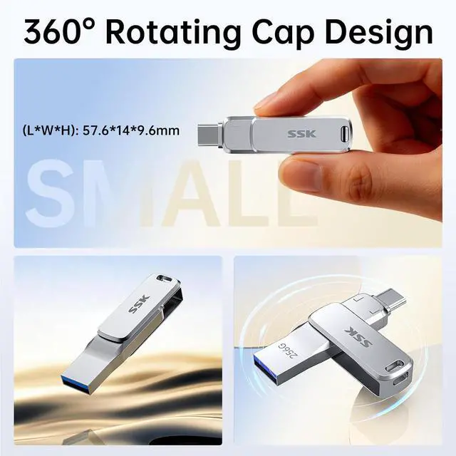 Alt view image 5 of 7 - 256GB Dual USB Flash Drive USB C Thumb Drive, up to 220 MB/s Type-C and USB-A 3.2 FlashDrive Memory Stick, Zinc Pendrive for iPhone 15/16Pro/Win/Android OTG