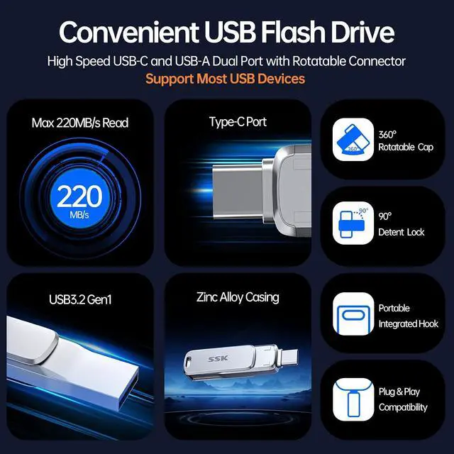 Alt view image 2 of 7 - 256GB Dual USB Flash Drive USB C Thumb Drive, up to 220 MB/s Type-C and USB-A 3.2 FlashDrive Memory Stick, Zinc Pendrive for iPhone 15/16Pro/Win/Android OTG