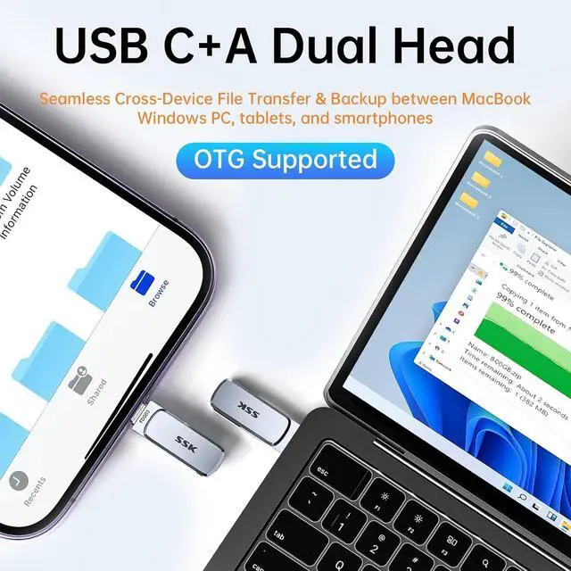 Alt view image 4 of 7 - 64GB Dual USB Flash Drive USB C Thumb Drive, up to 240 MB/s Type-C and USB-A 3.2 FlashDrive Memory Stick, Zinc Pendrive for iPhone 15/16Pro/Win/Android OTG with Water, Dust, and Drop Resistance