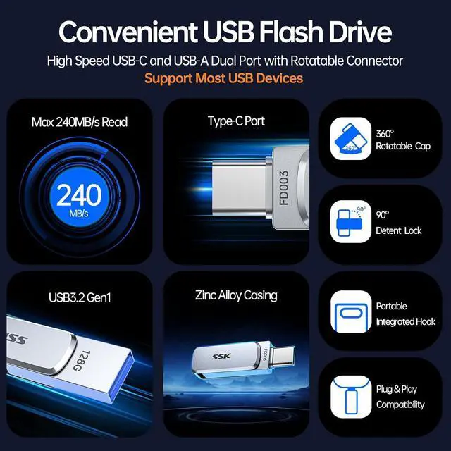 Alt view image 2 of 7 - 128GB Flash Drive USB C Thumb Drive up to 240 MB/s, Dual USB FlashDrive USB-C and A 3.2, Zinc Pendrive Memory Stick for iPhone 15/16Pro/Win/Android OTG with Water, Dust, and Drop Resistance