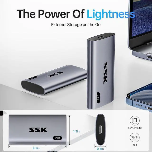 Alt view image 7 of 7 - 2TB SSD External Hard Drive, Portable SSD Up to 550MB/s Fast Solid State Drives, External Drive USB 3.2 Gen2 SSD for iPhone 15/Pro, Windows, Mac, Android with LED Light, Trim, SMART Supported