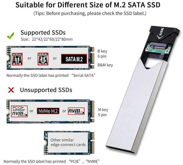 Alt view image 2 of 6 - Aluminum USB 3.2 Gen 1 to M.2 SATA NGFF SSD Enclosure Adapter, External SATA Based M.2 Solid State Drive Enclosure Reader (for M.2 SATA SSD only)