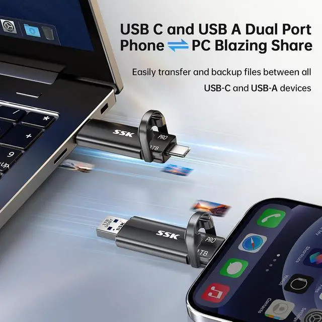 Alt view image 3 of 7 - 1TB USB Flash Drive SSD, External TLC NAND Solid State Drive Dual USBC & USBA Ports, Up to 1000MB/s High-Speed Portable 1TB USB Thumb Drive for iPhone 15/16/17 Pro Mac Android PC Backup