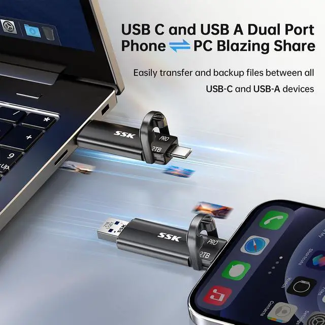 Alt view image 3 of 7 - USB Flash Drive 2TB SSD External, TLC NAND Solid State Drive Dual USBC & USBA Ports, Up to 1000MB/s High-Speed Portable 2TB USB Thumb Drive Stick for iPhone 15/16/17 Pro, Mac, Android, PC Backup