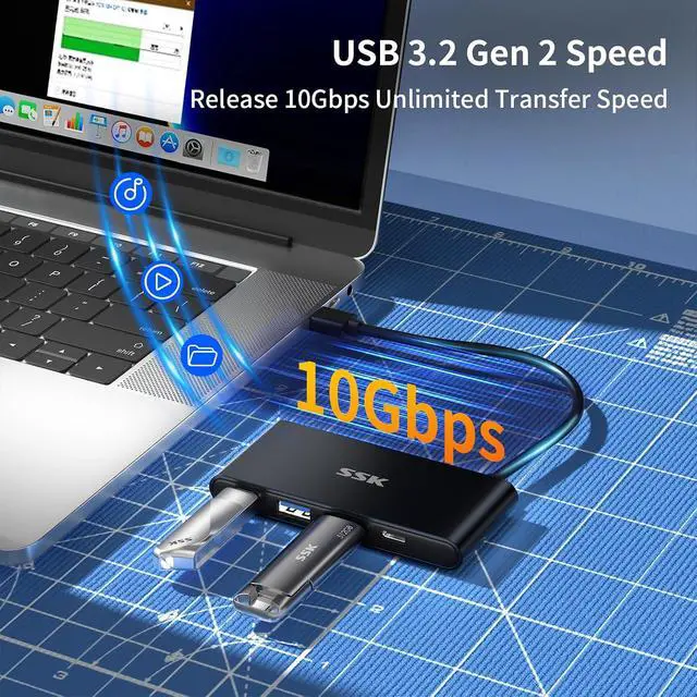 Alt view image 3 of 7 - USB-C 3.2 Hub 10Gbps, 4 Ports USB C Splitter for Laptop, USB 3.2 Hub Multiport Adapter Extender Compatible with Thunderbolt MacBook Pro PC and More Type c (Not Support Charging/Monitor)