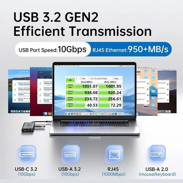Alt view image 4 of 7 - USB C Hub for Laptop, 10Gbps USB-C Dock with Ethernet, HDMI 4K 60Hz, 10 in 1 MacBook Docking Station Multiport Adapter for Laptops/Devices with HDMI, USB3.2, SD/TF, 100W PD, 3.5 mm Headphone