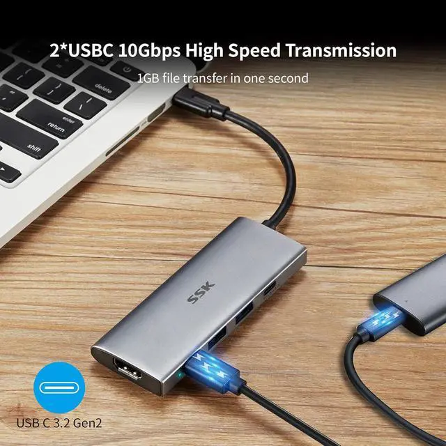Alt view image 4 of 6 - 100W USB-C HUB, USB3.2 Gen 2 10Gbps 5 in 1 Type C Multiport Adapter with 4K HDMI, 2 USB C with 1 PD Powered, 2 USB A 3.2 Gen2 Ports, SuperSpeed USB Dock for Laptop MacBook Pro Air Dell Hp Lenovo