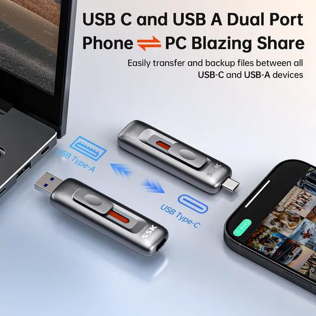 Alt view image 3 of 7 - 256GB Flash Drive SSD External, Push-Pull USB Drive up to 1000MB/s Dual Head, Thumb Drive-USB SSD Memory Stick for iPhone 15/16/17, Android, Tablet, Win& Mac Zinc Alloy