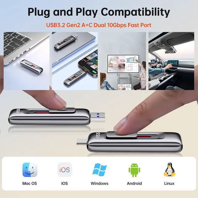 Alt view image 6 of 7 - 256GB Flash Drive SSD External, Push-Pull USB Drive up to 1000MB/s Dual Head, Thumb Drive-USB SSD Memory Stick for iPhone 15/16/17, Android, Tablet, Win& Mac Zinc Alloy