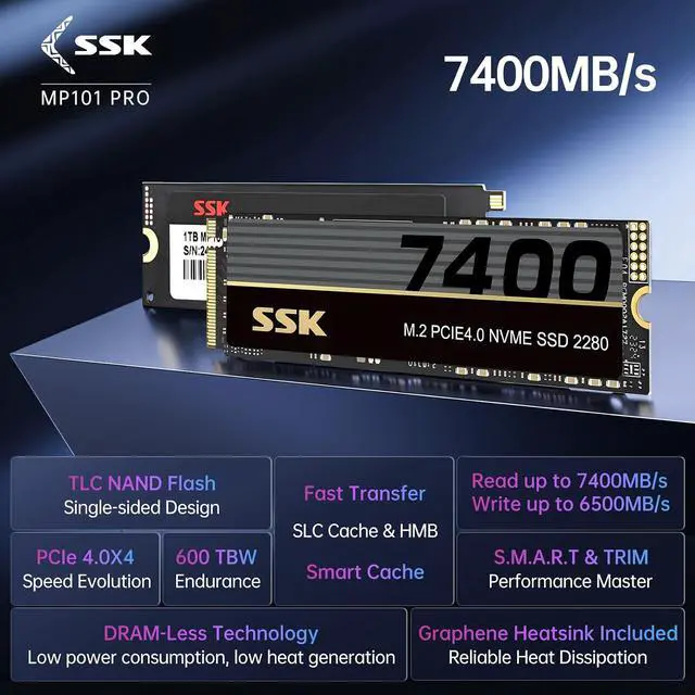 Alt view image 2 of 7 - M.2 NVMe SSD 1TB, PCIe Gen 4.0 x4 M.2 2280 SSD Card Up to 7400MB/s, NVMe 2.0 Internal Gaming Solid State Drive Support DRAM-Less Low Power Consumption, Trim, Graphene Heatsink Included